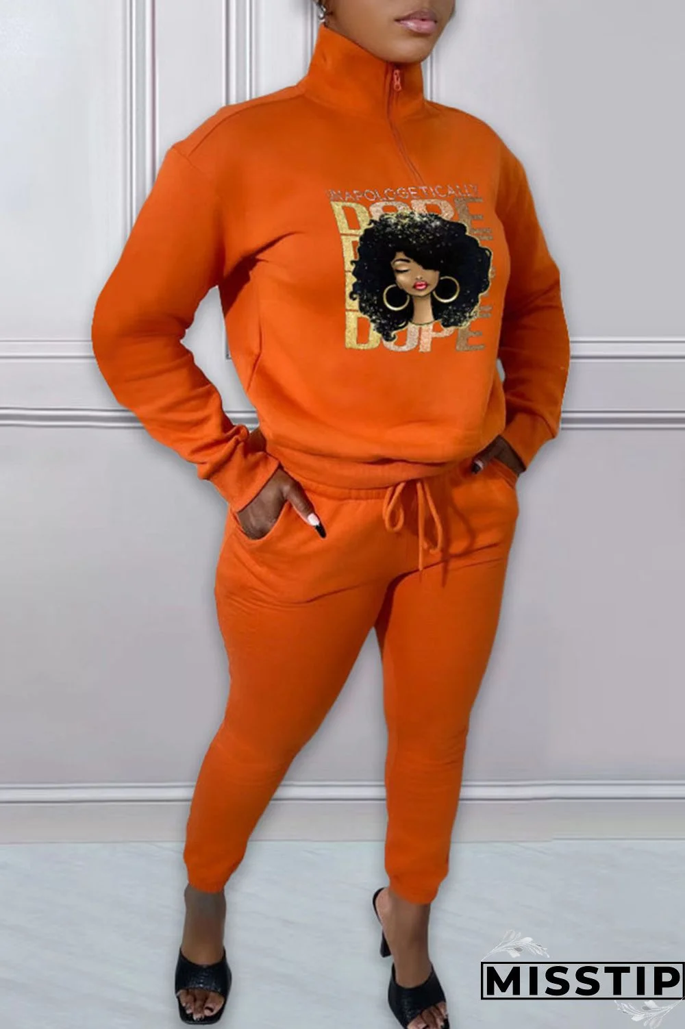 Green Casual Print Patchwork Zipper Collar Long Sleeve Two Pieces