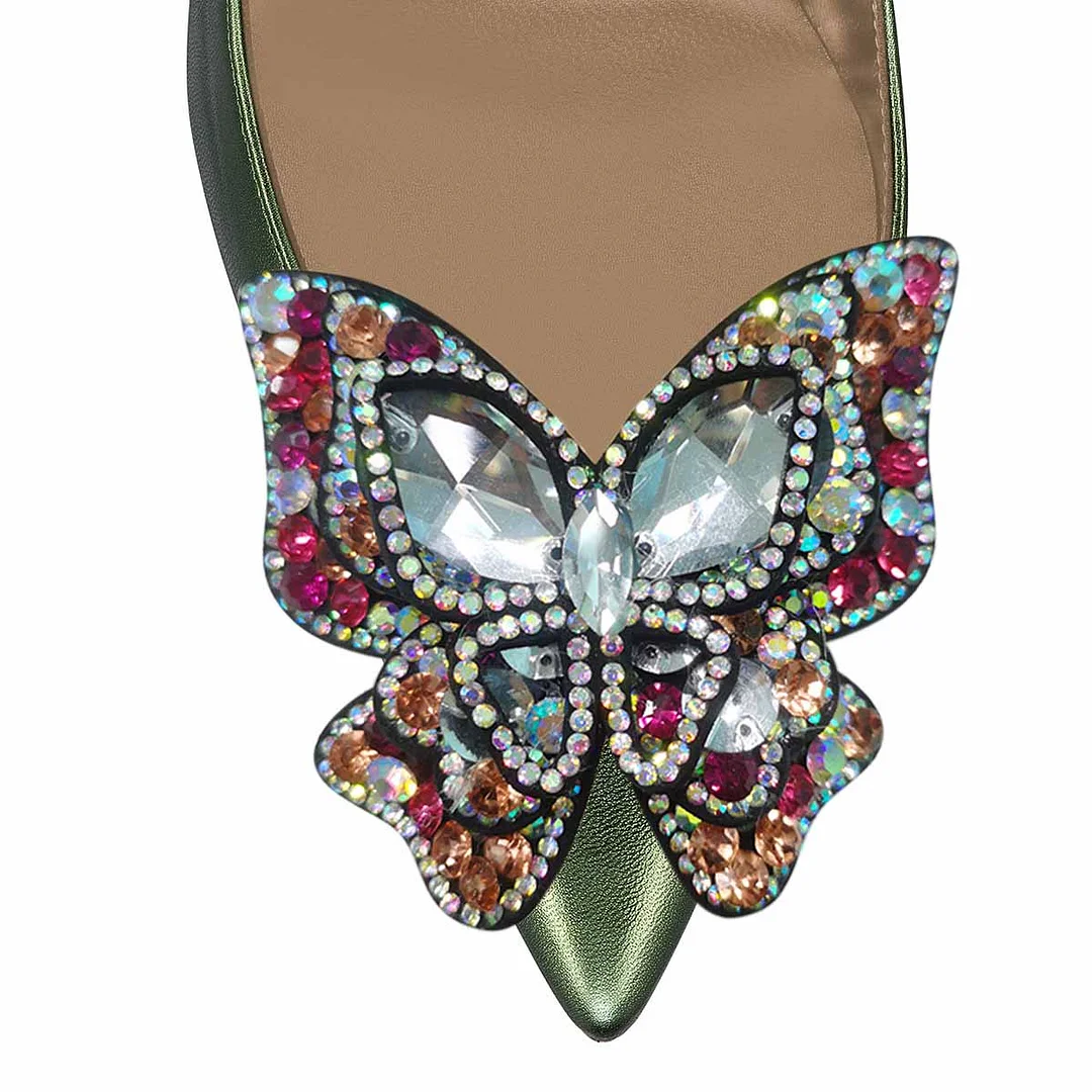Green Pointed Toe Rhinestone Butterfly Chunky Heel Pumps for Women