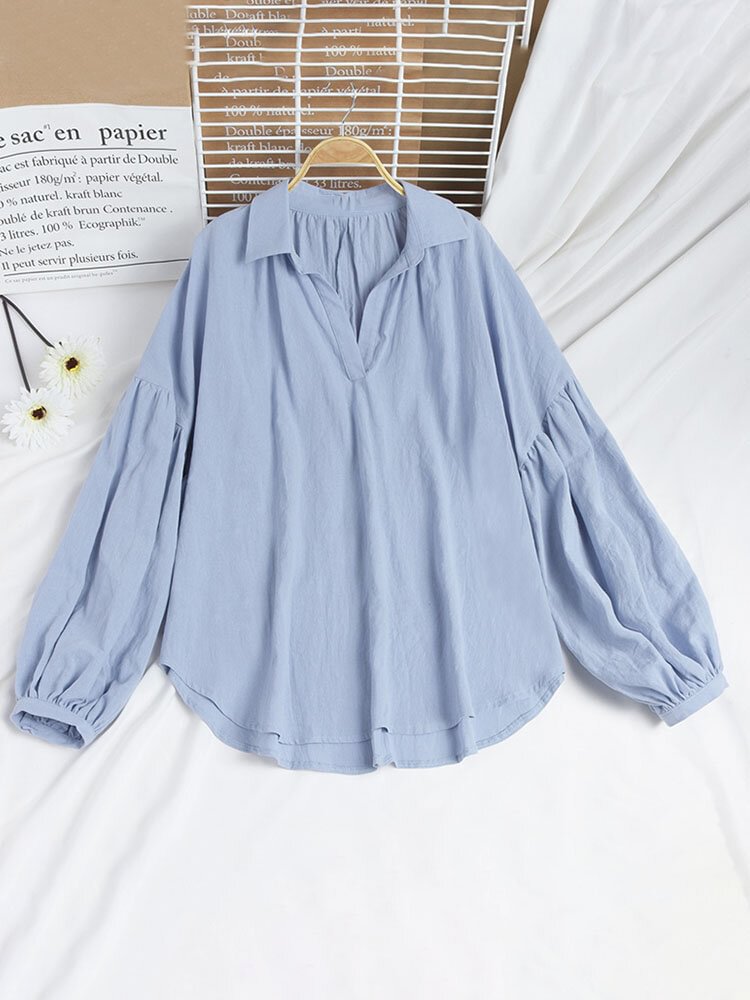 Solid Color Lapel Long Sleeve Loose Blouse for Women P1858632