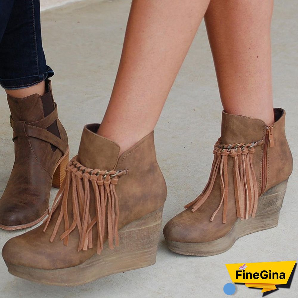 Wedge Booties Artificial Leather Tassel Boots Wedge Heel Zipper Shoes