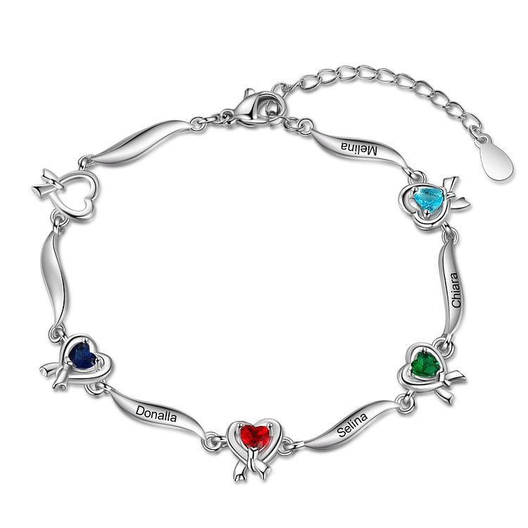 Pulsera de corazón personalizado con 4 nombres y 4 piedras de nacimiento