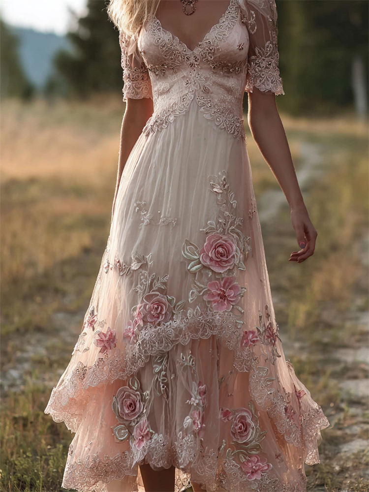 Boho Glitter Pink Roses Flowy Lace Classy Maxi Dress elevenforest