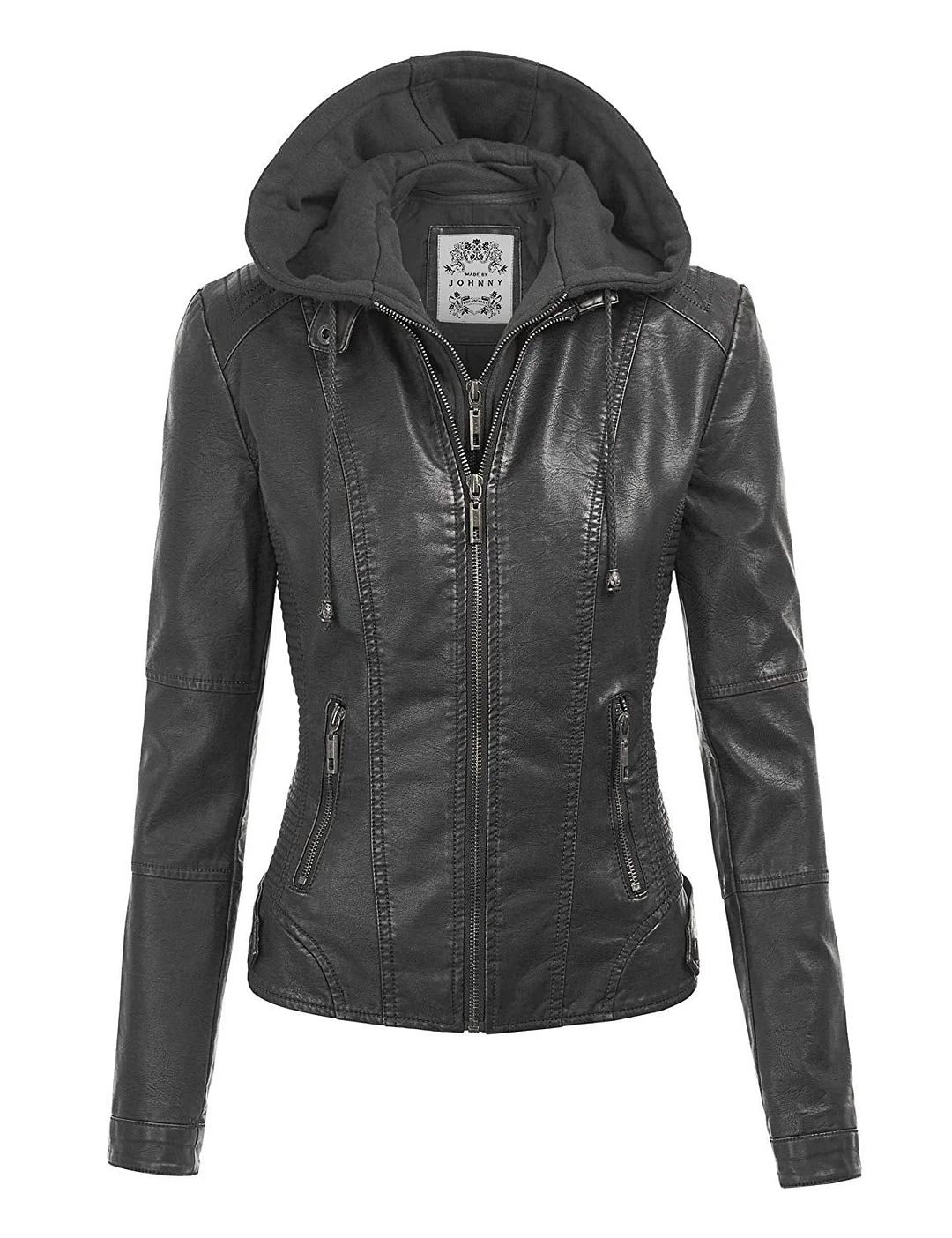 Faux Leather Motorcycle Jacket with Hoodie for women