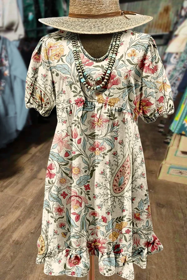 Retro Floral Print Puff Sleeve Mini Dress