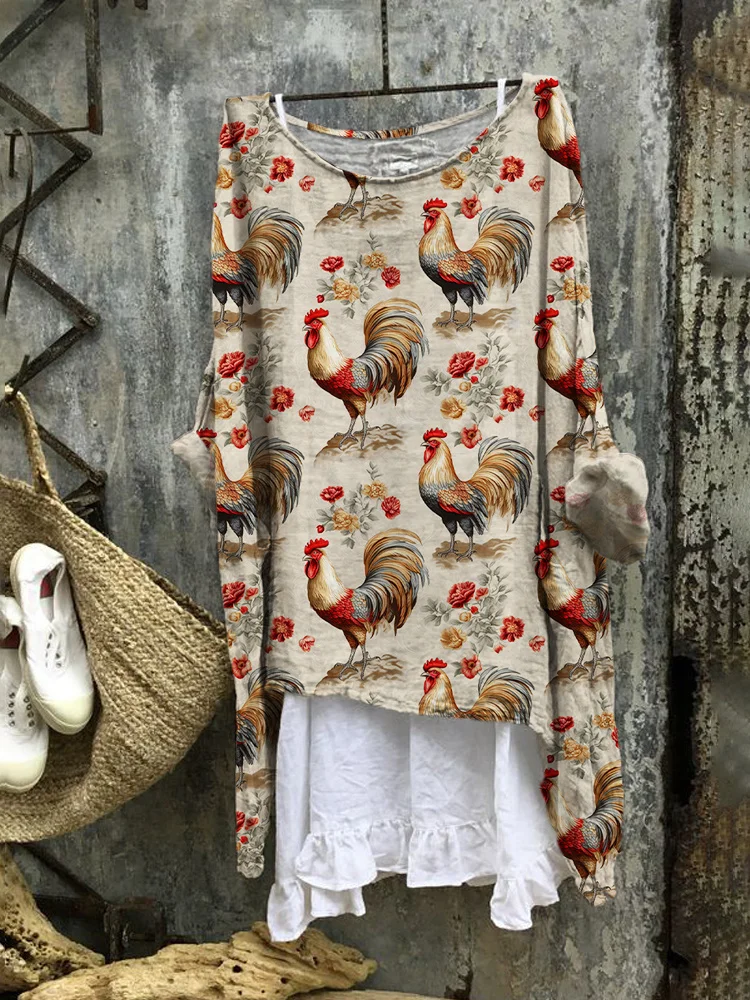 Rose & Chicken Vintage Print Linen Blend Cozy Flowy Tunic