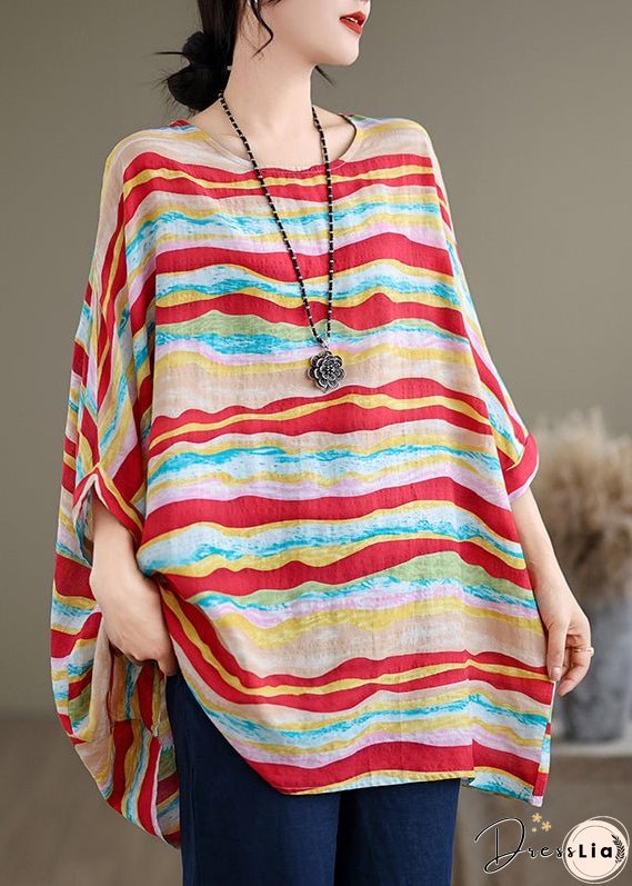 Women Red O Neck Striped Plus Size Cotton Blouse Tops Batwing Sleeve