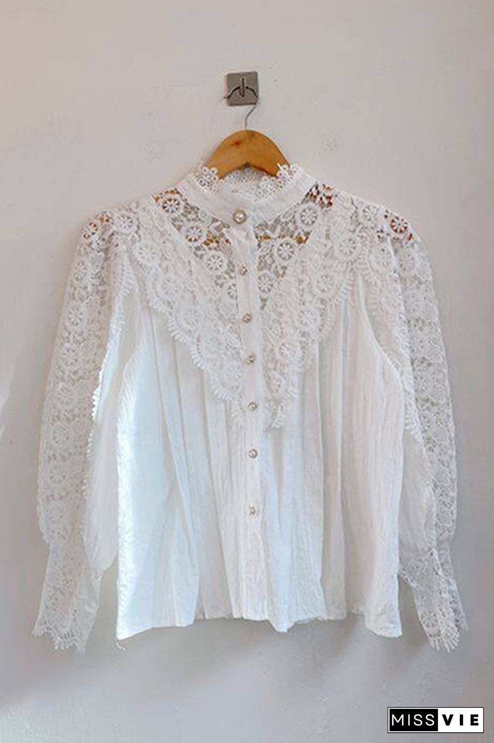 Elegant Patchwork Lace Hollowed Out Buckle Mandarin Collar Blouses(3 Colors)