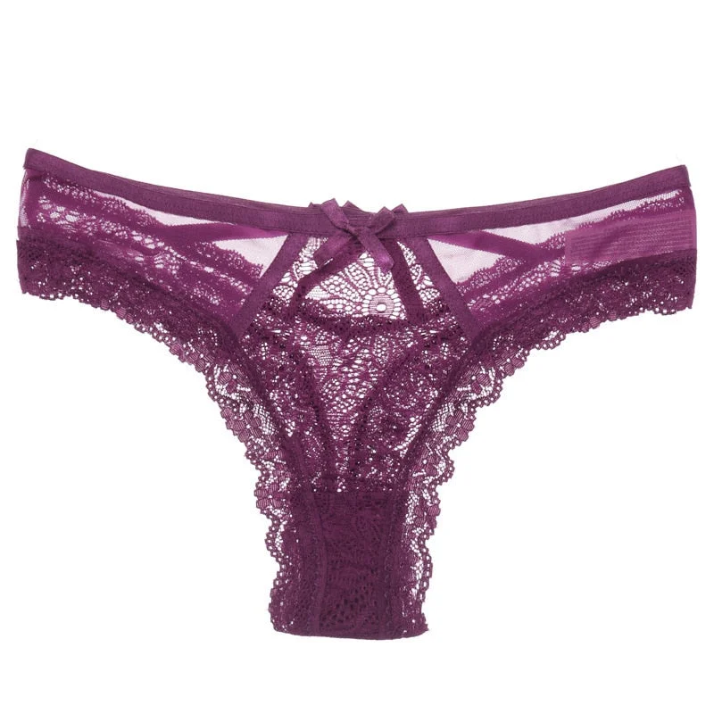 European Luxury Lace Sexy Women Underwear Transparent Bow Hollow Out Panties Sex Thong Low Waist Seamless Briefs Tanga