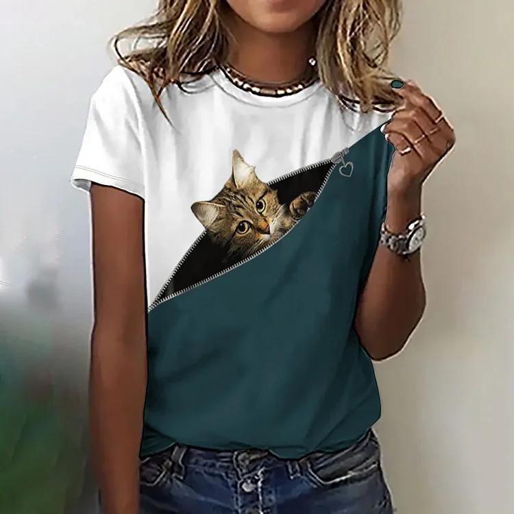 Vefave Cat Print Casual Crew Neck Short Sleeve T-Shirt