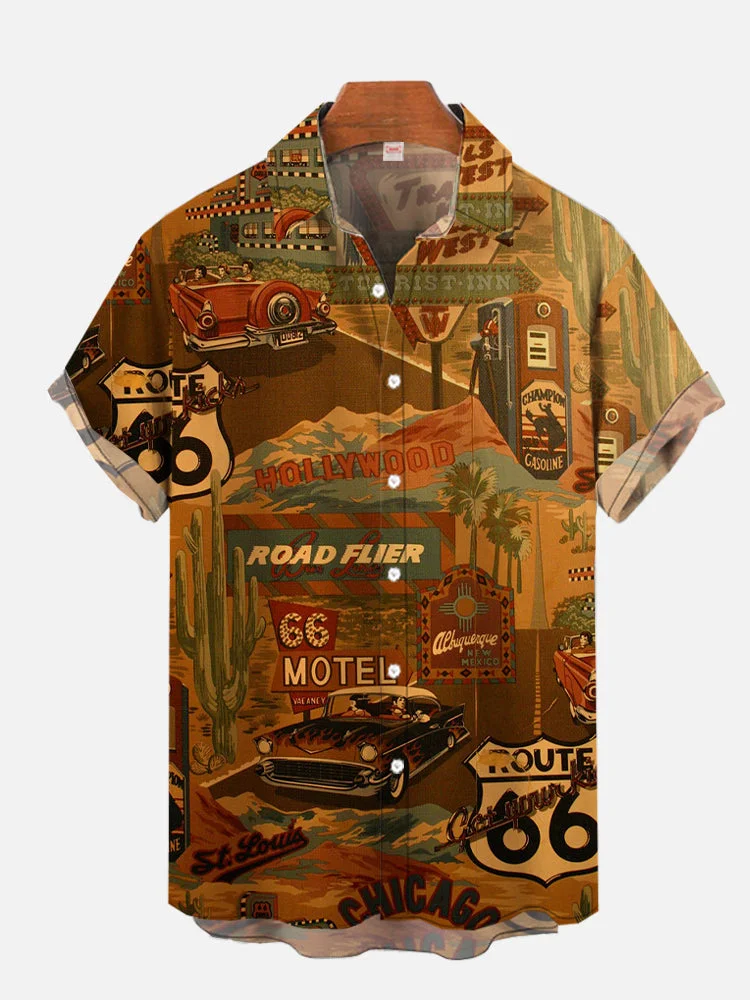 Let's Travel! American Vintage Route 66 Printing Short Sleeve Shirt