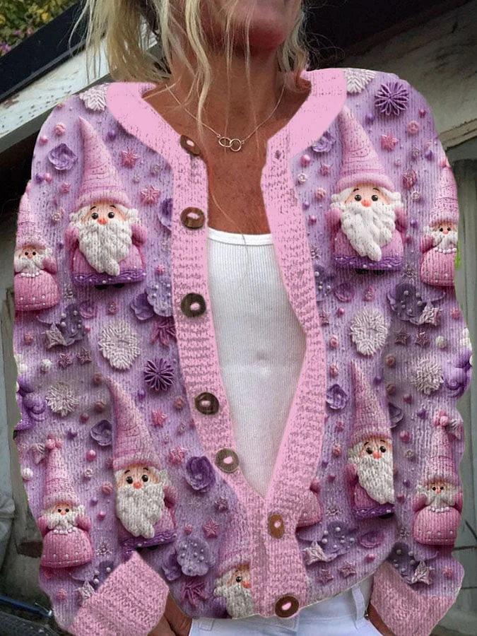 Women's Christmas Santa Print Knit Cardigan