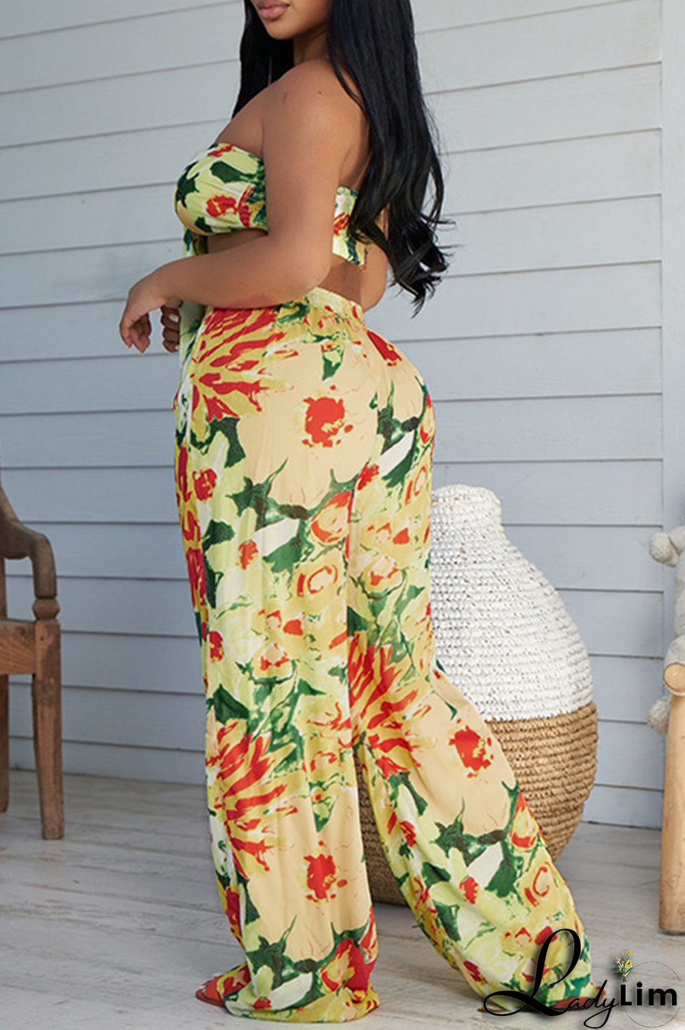 Rose Red Casual Print Patchwork Strapless Sleeveless Two Pieces