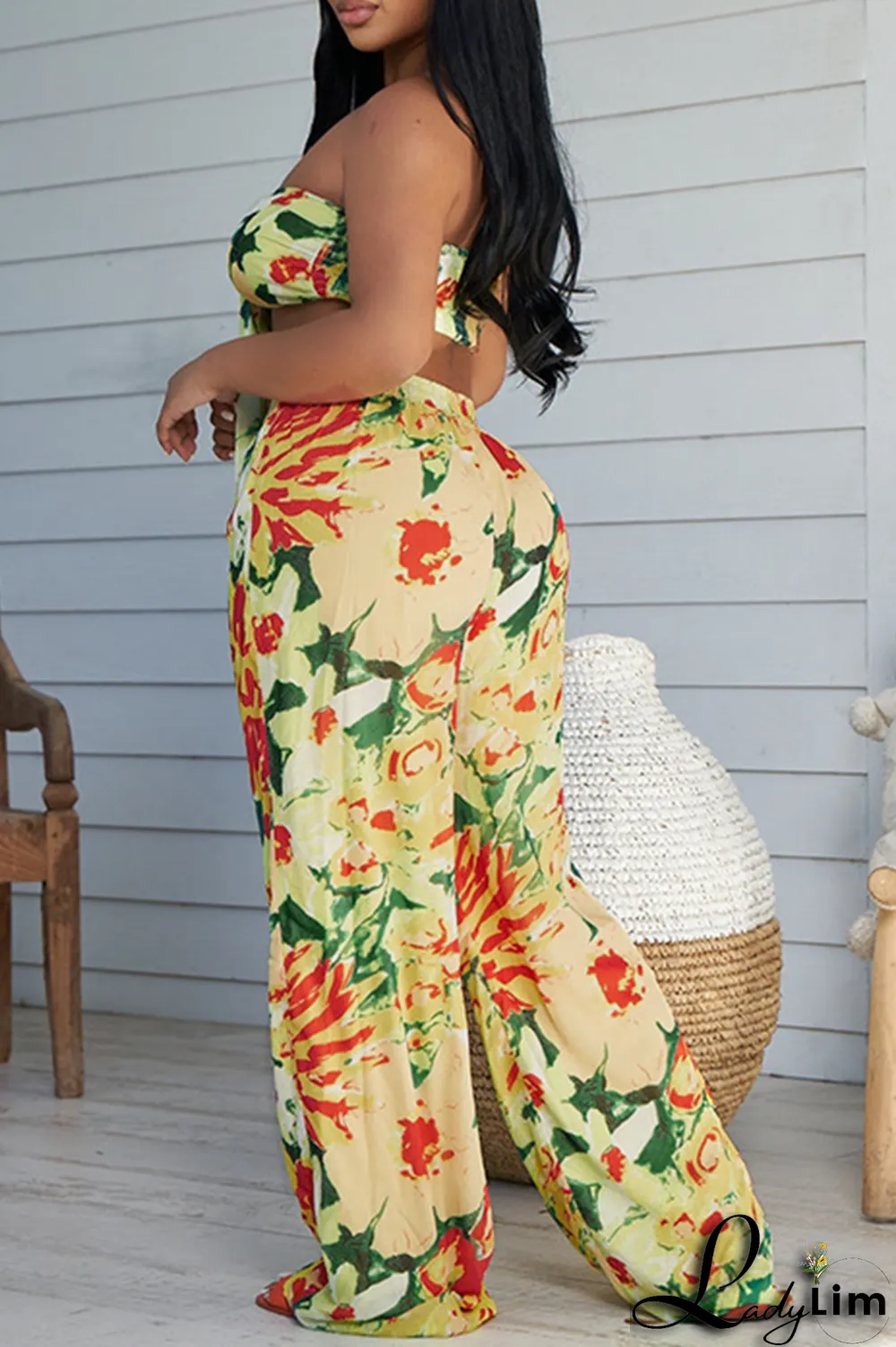 Rose Red Casual Print Patchwork Strapless Sleeveless Two Pieces