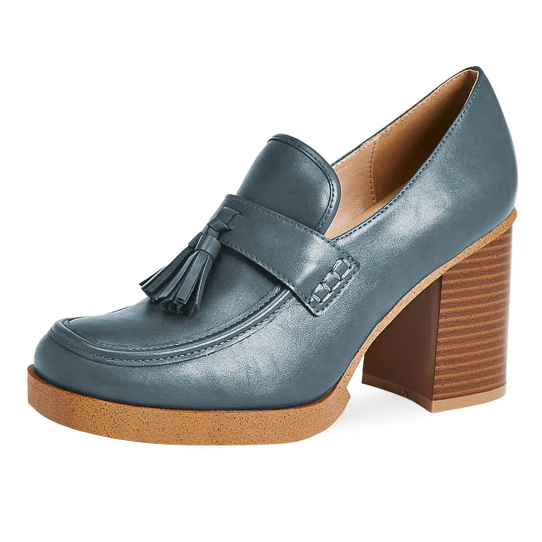 YDN Classic Blue Square Toe Chunky Heeled Loafers with Tassels