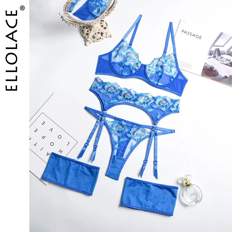 Ellolace Sexy Lingerie See Through Lace Four-Piece Set Fancy Underwire Bra Kit Push Up Underwear Erotic Brief Lace Garters