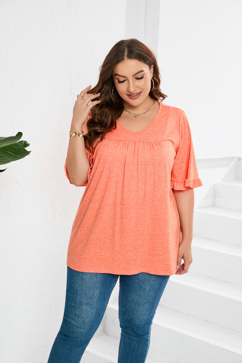 Plus Size Summer Casual V Neck T Shirt Pleated Loose Lotus Leaf Loose Top Women
