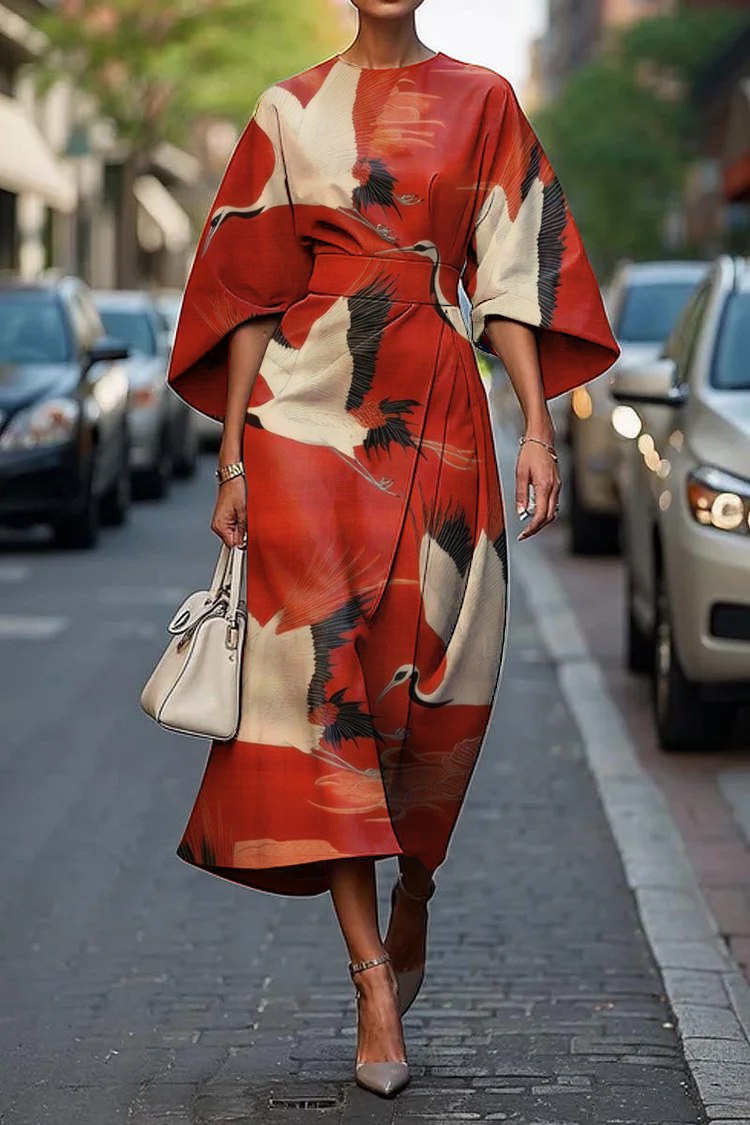Women's Japanese Crane Art Print Midi Dress