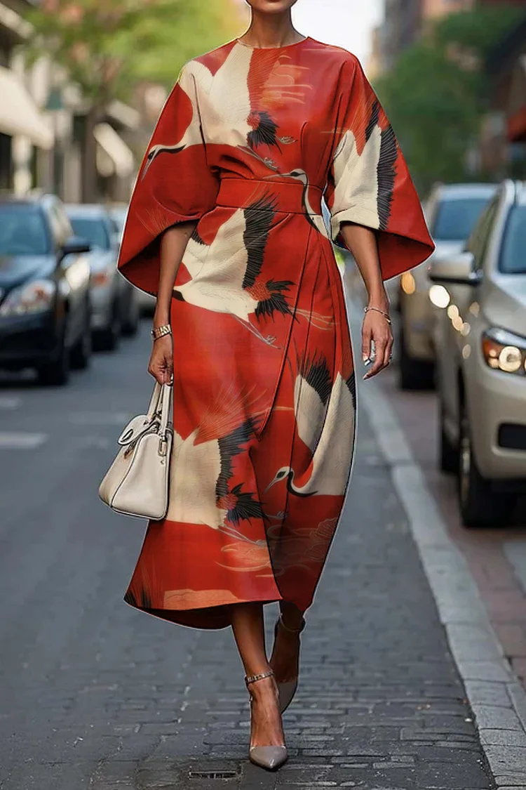 Women's Japanese Crane Art Print Midi Dress