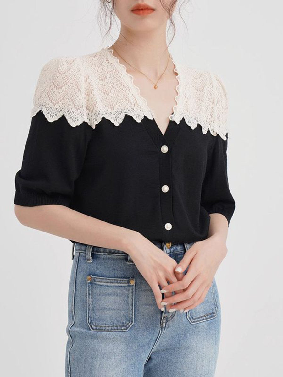 V Neck Lace Color Contrast Splicing T-Shirt