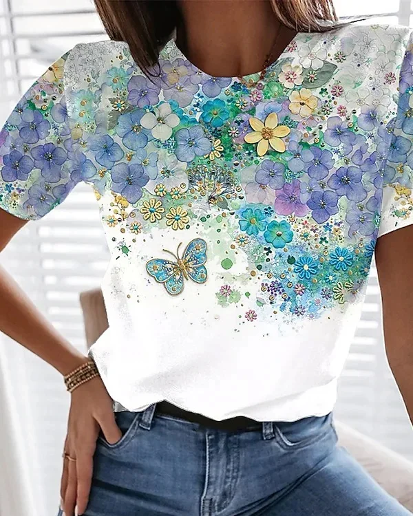 Women's Watercolor Floral Short Sleeve Print Crew Neck T-Shirt