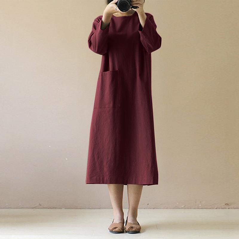 2021 Plus Size Linen Midi Dress Womens Spring Summer Sudress Casual Long Sleeve Split Tunic Vestidos Female Front Pocket Robe