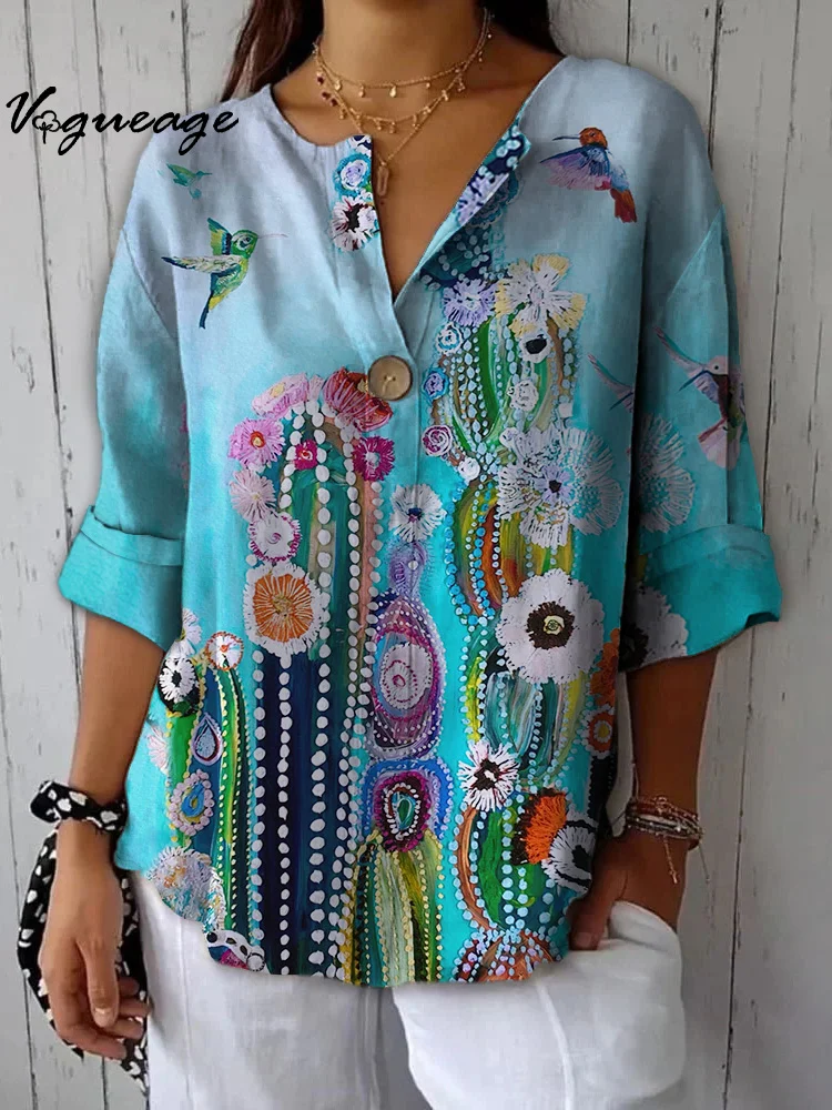Fashion Gentle And Elegant Cactus Printed Cotton And Linen Shirt