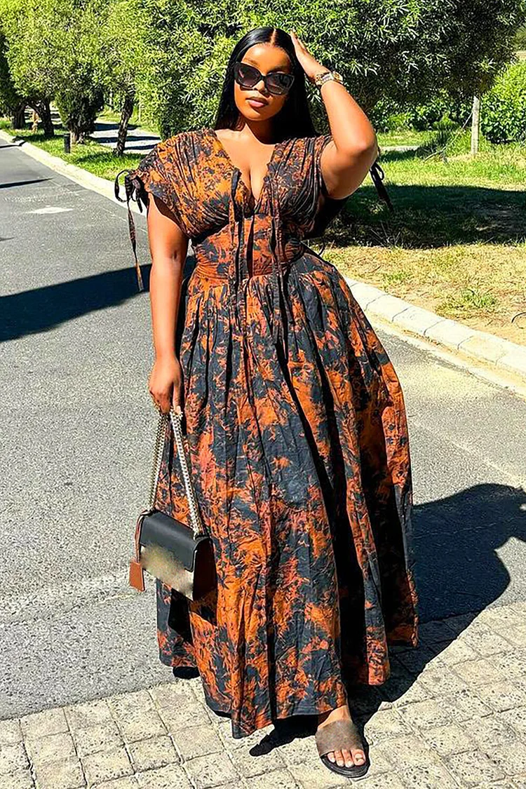 Abstract Print Deep V Neck Tie Up Short Sleeve Cinch Waist Maxi Dresses-Orange