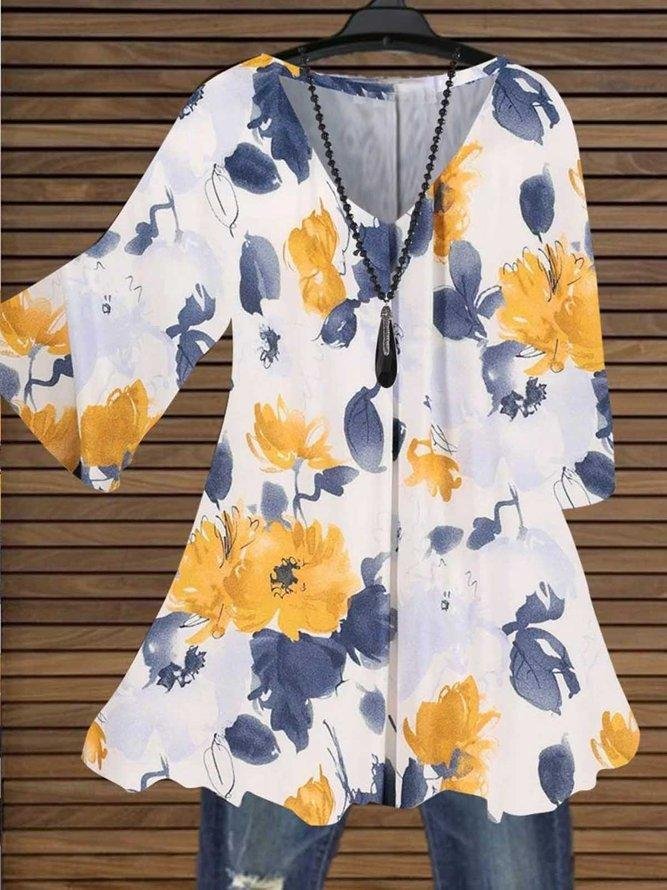 3/4 Sleeve V Neck Cotton Floral Tops Tunics