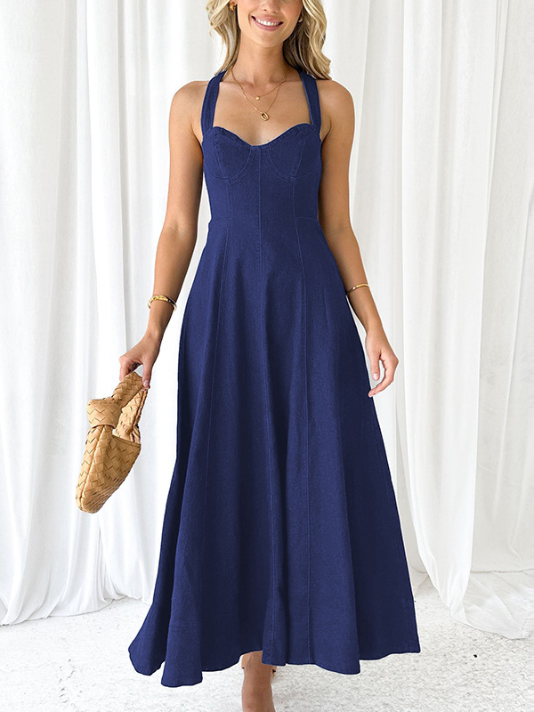 Women's Summer Dress Sleeveless V-Neck High Elastic Waist Holiday Dress