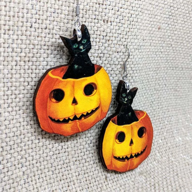 Halloween Cat and Pumpkin Wooden Earrings