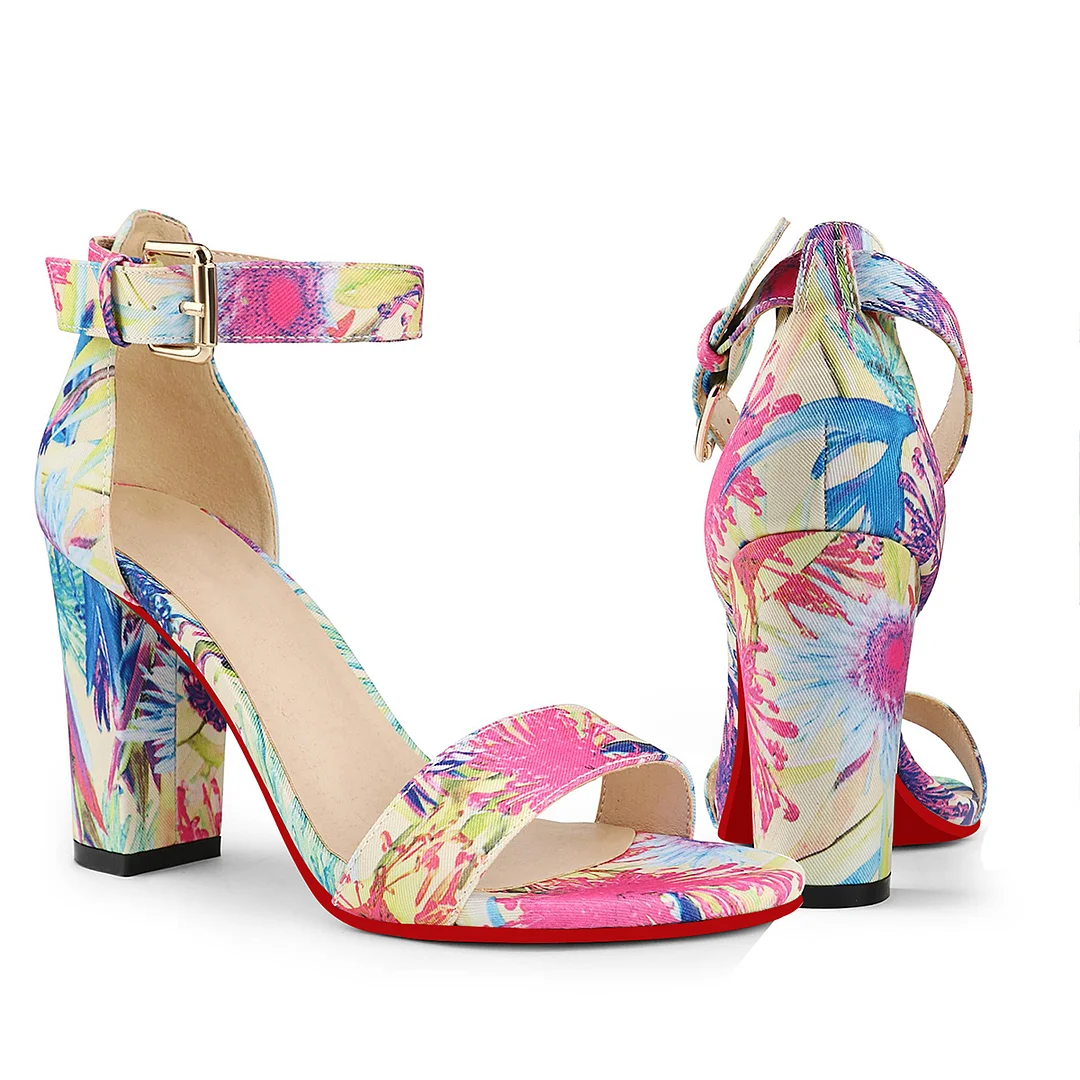 90mm Women's Chunky Heel Sandals Red Bottom High Heels Open Toe Ankle Strap Shoes-MERUMOTE