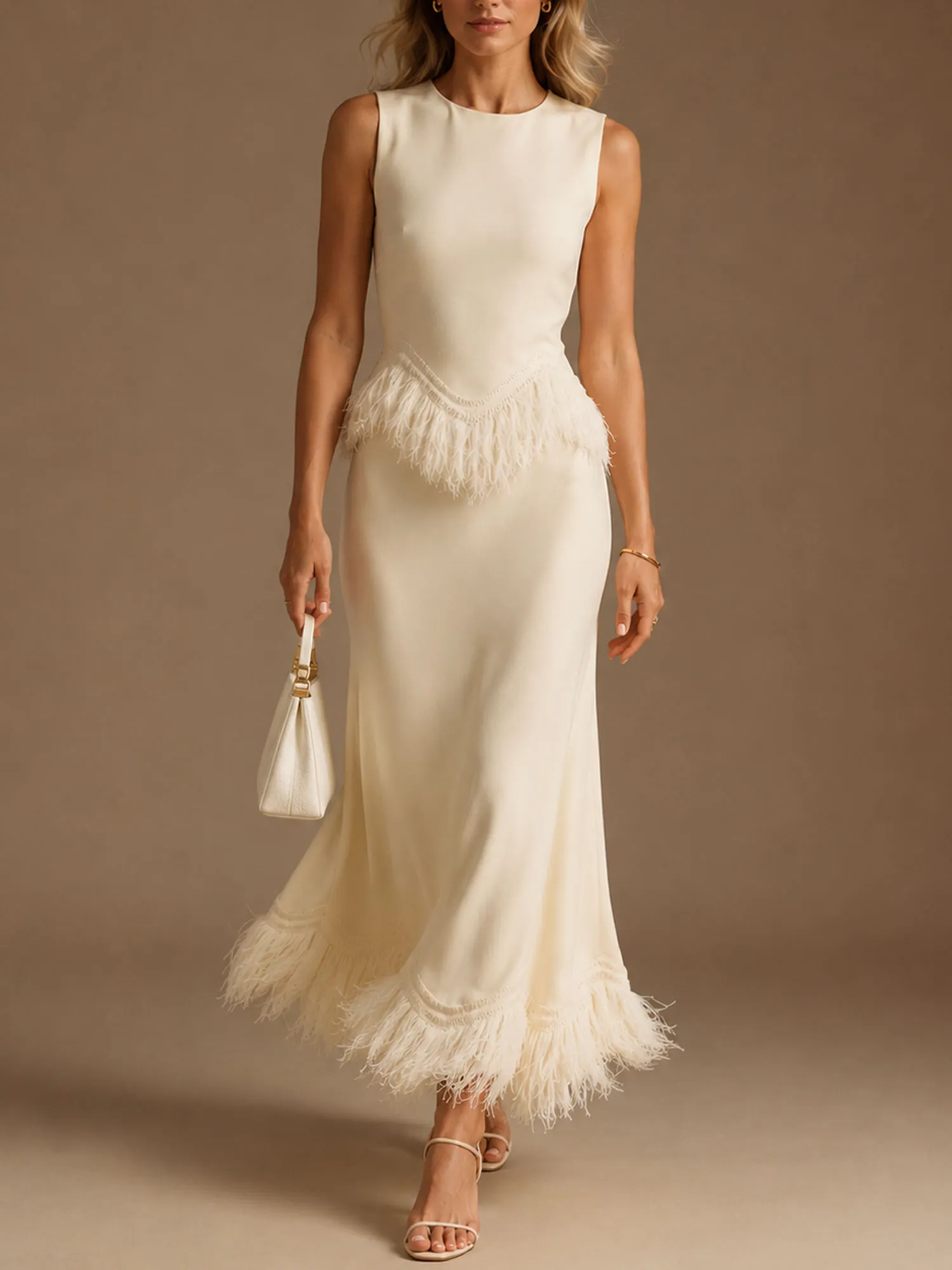 Perfect for Weekend Holiday Casual Trips &mdash; Fall 2026 Women's Sleeveless Slim-Fit Cut, Dynamic Feather Hem, Soft Comfortable Bohemian Two-Piece Set