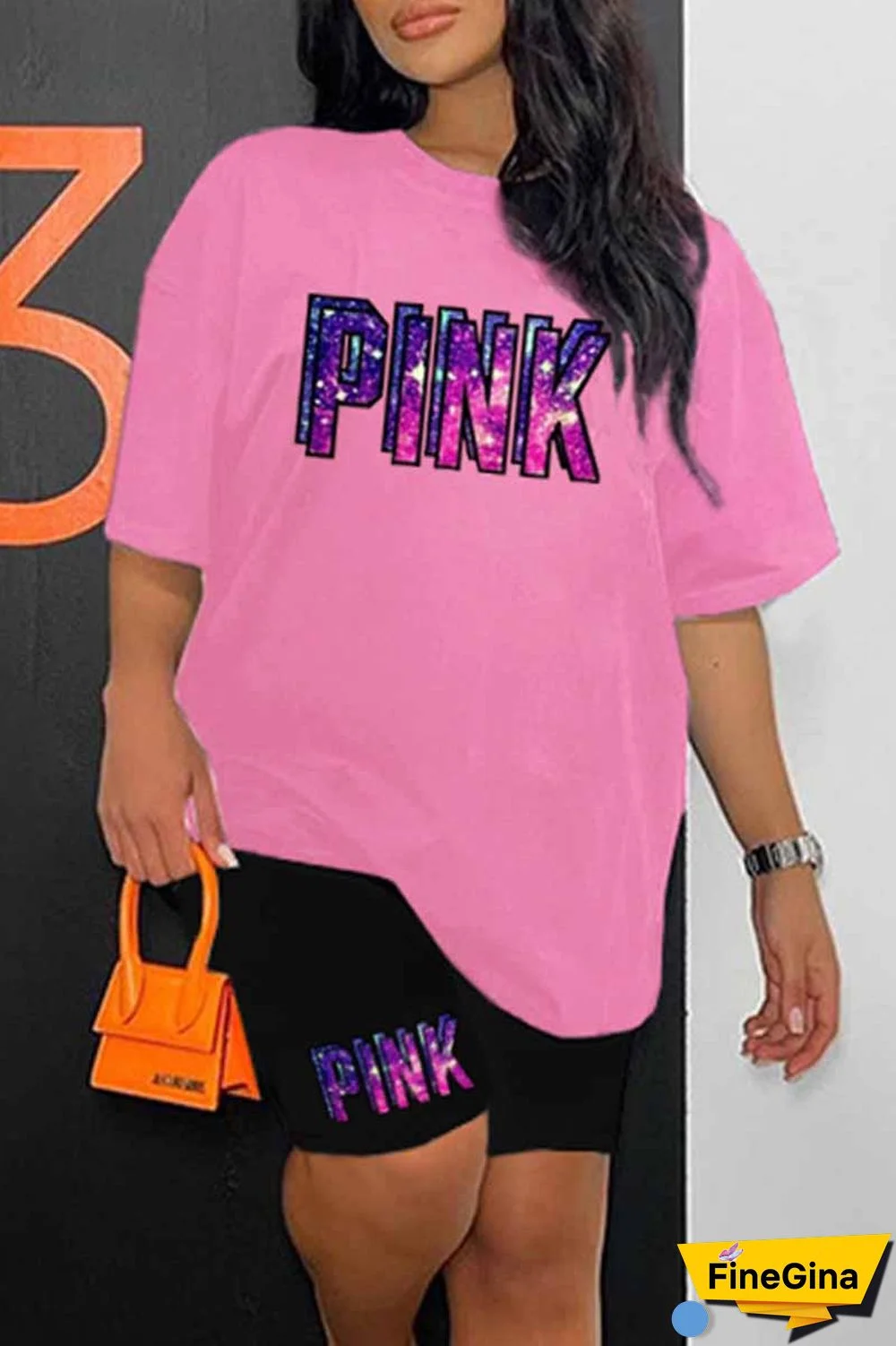 Blue Casual Print Letter O Neck Short Sleeve Two Pieces