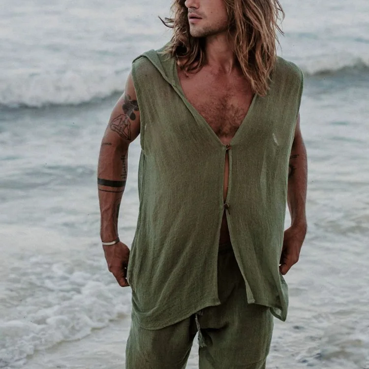Sleeveless casual cotton linen solid color men's shirt