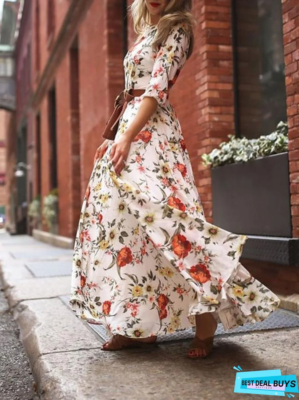 Women's Swing Dress Maxi long Dress - 3/4 Length Sleeve Floral Flower Print Spring Summer Casual Hot Holiday vacation dresses Lantern Sleeve Ruffle White