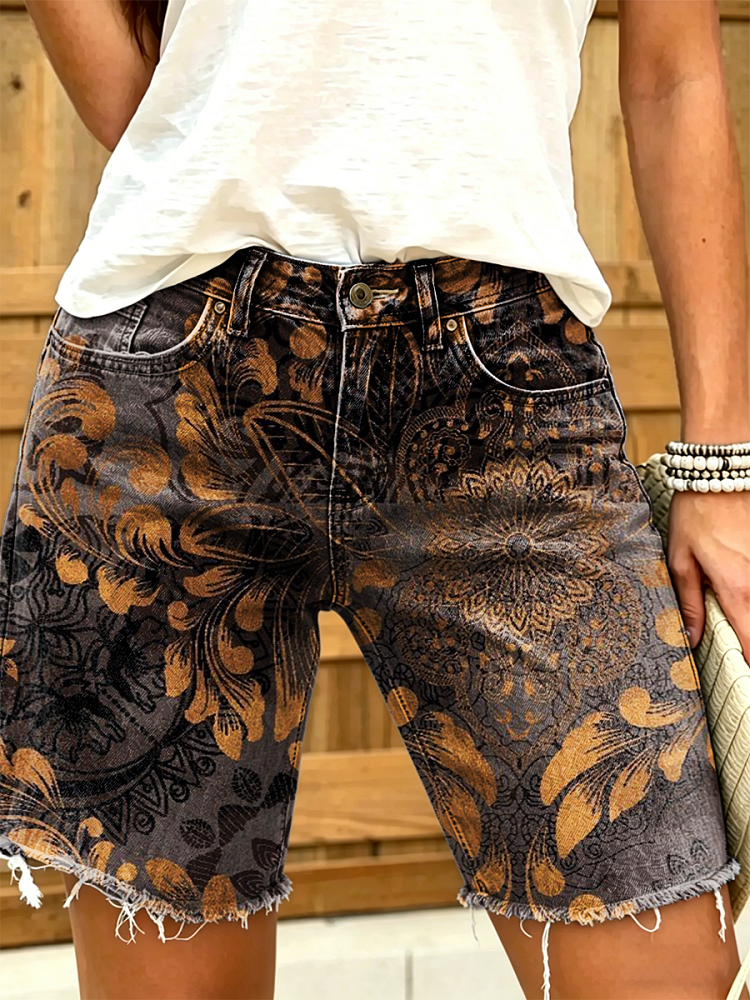 Women's Retro Ethnic Floral Art Print Casual Washed Cotton Denim Shorts