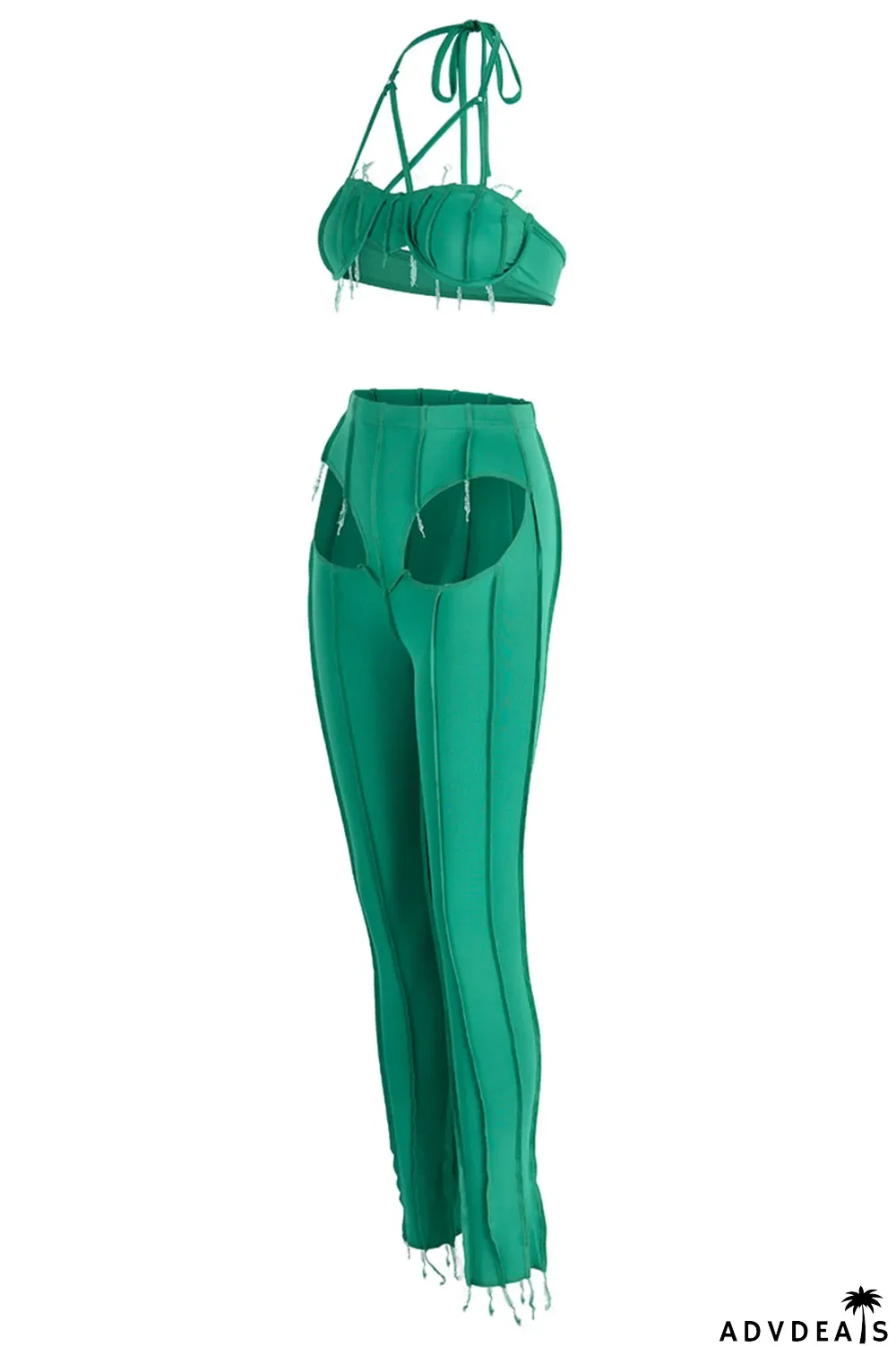 Black Sexy Solid Hollowed Out Patchwork Asymmetrical Halter Sleeveless Two Pieces