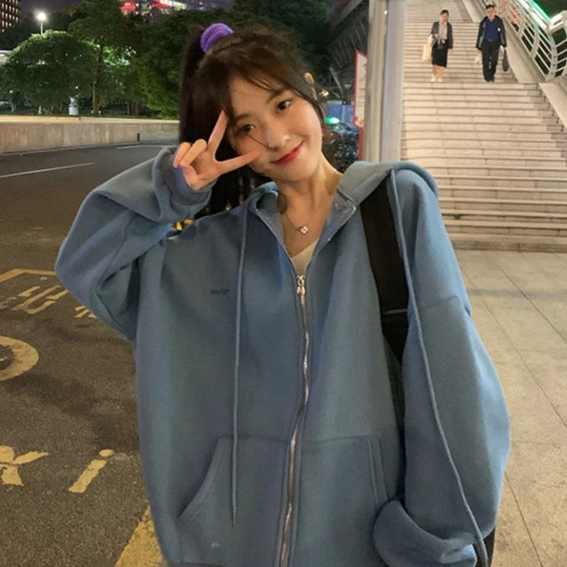 Uforever21 Halloween Korean Version Hooded Sweatshirts Women Autumn Winter Zip Up Loose Jacket Coats Vintage Long Sleeve Oversized Hoodies