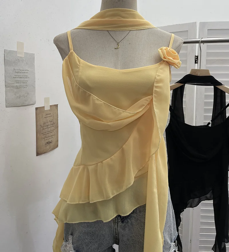 Nigikala Nigikala Irregular Lotus Leaf Edge Ribbon Ribbon Sling Sling Waist Neck Tie With Short Top 9239