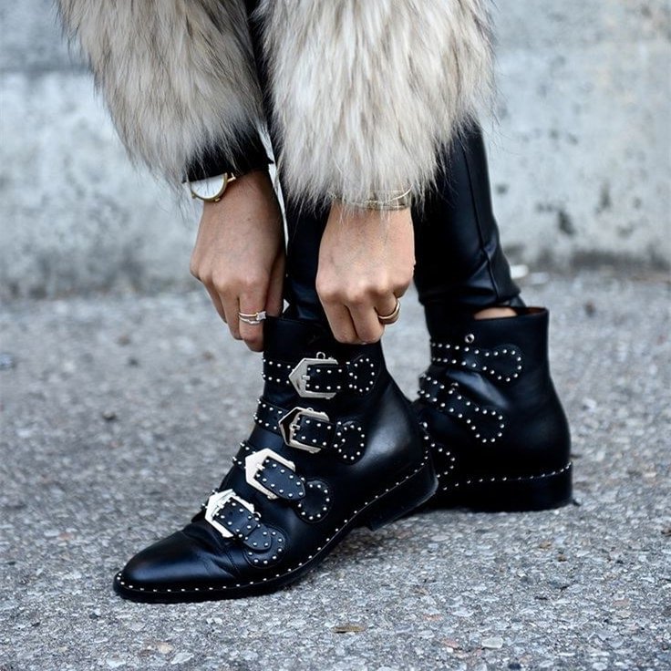 Black Motorcycle Boots Studded Buckles Round Toe Ankle Booties |FSJ Shoes