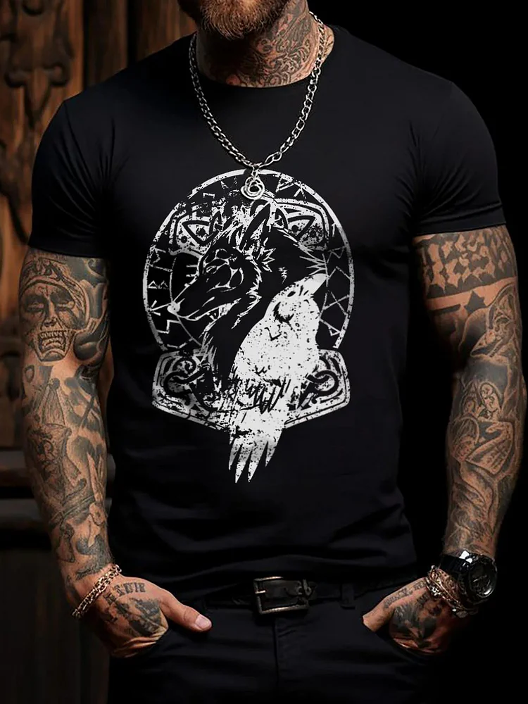 Herren Viking Wolf Raven Hammer Kurzarm T-Shirt