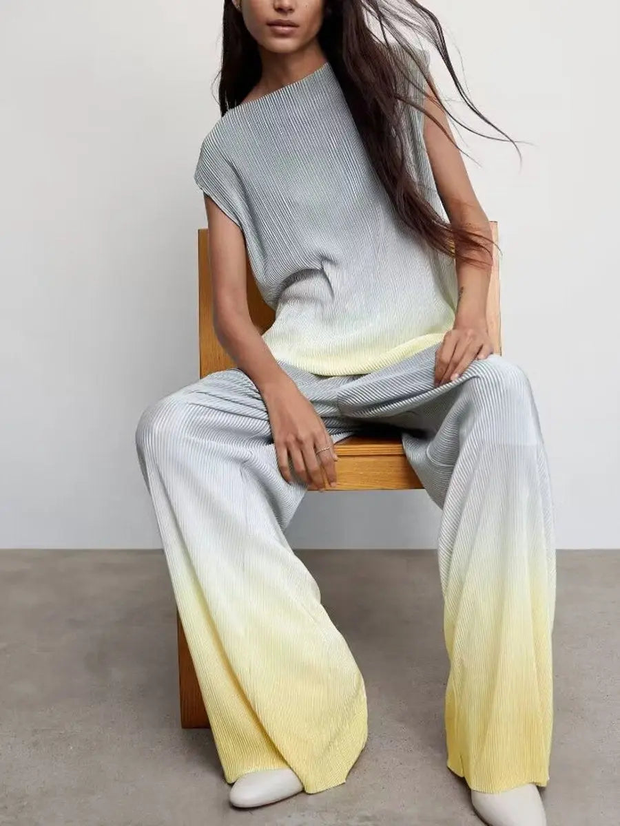 Round Neck Pleated Top Wide Leg Pants Two-Pieces Sets