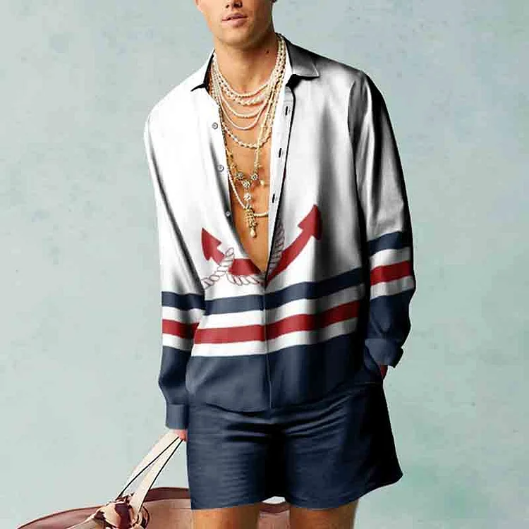 BrosWear Striped Nautical Anchor Print Shirt And Shorts Co-Ord