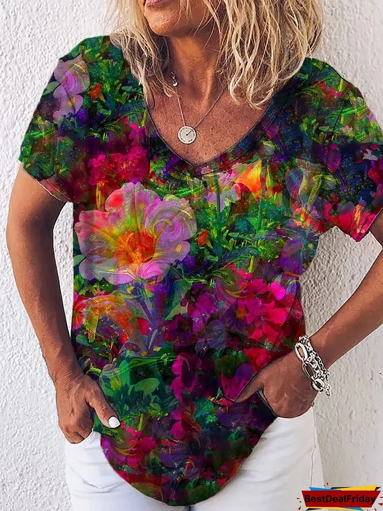 Bestdealfriday Negative Film Flower Painting Print V Neck Casual T-Shirt