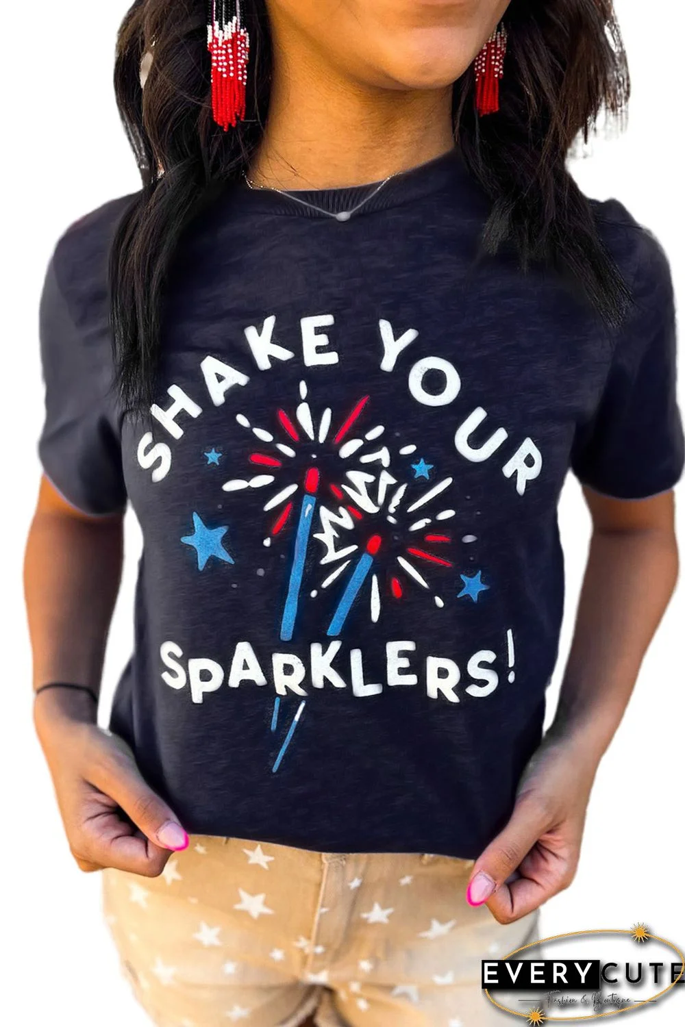Blue Shake Your Sparklers Graphic Print Short Sleeve T Shirt
