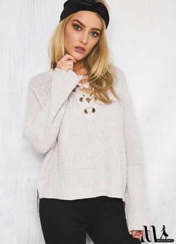 MidiSono - V Neck Solid Color Long Sleeve Knit Sweater