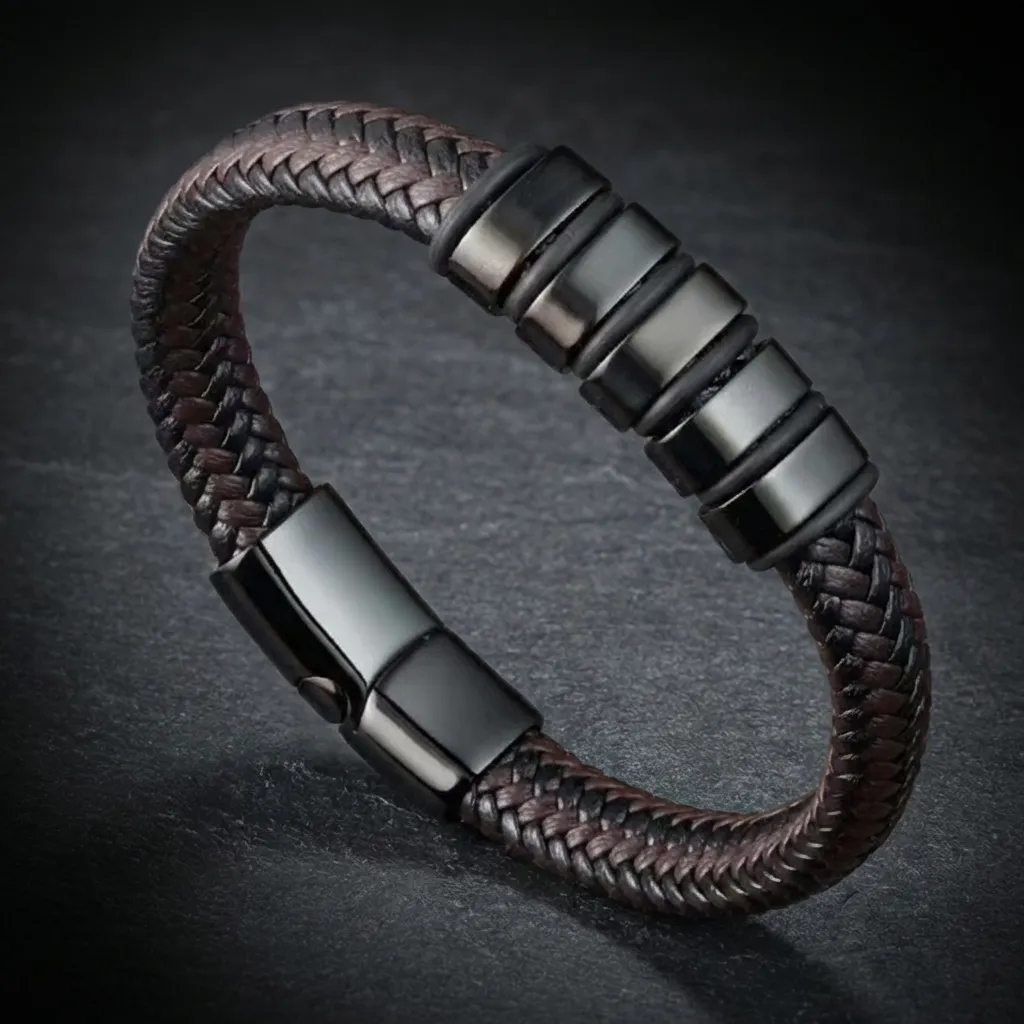 JiStones Signature Woven Leather Bracelet - The Modern Gentleman's Essential Noir Hardware / Espresso - 19cm (S)