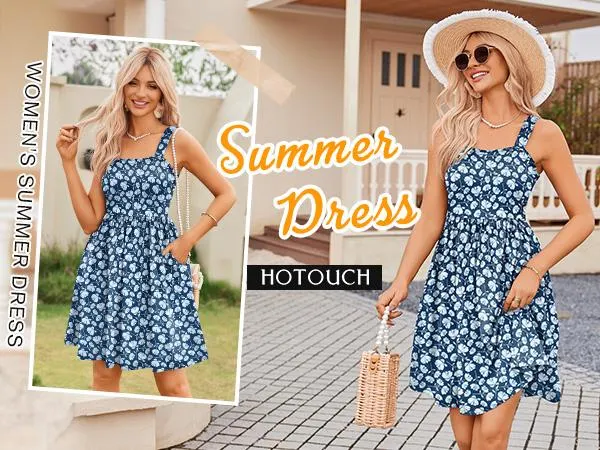 Women's Summer Dress Floral Square Neck Sleeveless Casual Dress with Pockets A-line Swing Mini Dresses Sundress