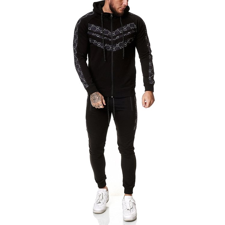 Black hooded printed drawstring sports suit