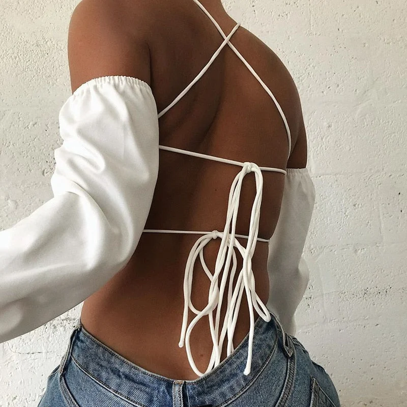 Cryptographic White Halter Sexy Backless Women Top Blouse Shirts Autumn Lantern Sleeve Bandage Lacing Crop Tops Fashion Blusas